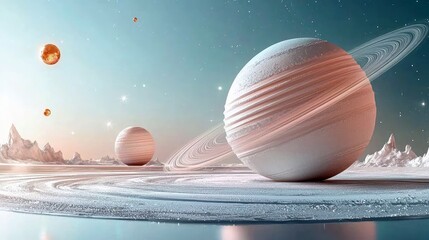 A surreal, cosmic landscape featuring a large ringed planet in the foreground, with several smaller moons and distant, icy mountains under a soft, ambient sky.
