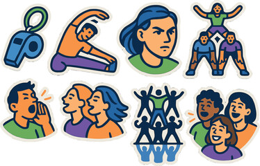 Naklejka premium Dynamic team spirit and communication in sports concept with energetic characters and activities