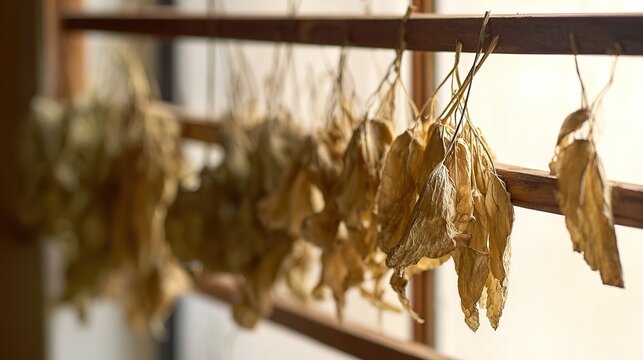 tolerable. Close-up of dried lovage leaves on a wooden rack with natural morning light. gardening catalogs, home-decor guides, designed for home decor and floral branding, used by sports marketers.