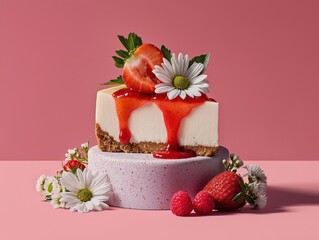 Indulge in this creamy cheesecake drizzled with luscious strawberry sauce, garnished with fresh berries and daisies on a vibrant pink background for sweet cravings