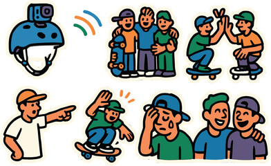 Naklejka premium Colorful skateboarding moments with friends in fun cartoon stickers style