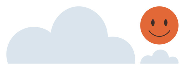Smiling orange sun near large and small light blue clouds in a clear sky. Ideal for positivity, happiness, optimism, weather, hope, simplicity, fun. A simple flat metaphor