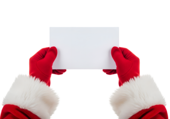 Close up of hands Santa with gloves holding and raise up landscape white blank paper on transparent background 
