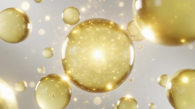 ゴールド系の透明バブル分子が煌めく美容液映像 3Dレンダリング 美容科学  ジェネレーティブAI