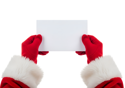 Close up of hands Santa with gloves holding and raise up landscape white blank paper on transparent background 