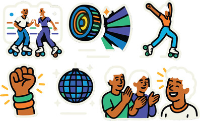 Retro roller skating stickers: colorful 80s vibes with disco and friendship