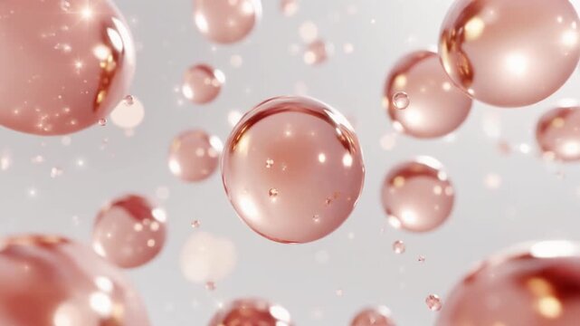 ぷるぷる透明球体が浮遊するピンクゴールドの美容液分子動画 　キラキラ　 3Dレンダリング ジェネレーティブAI