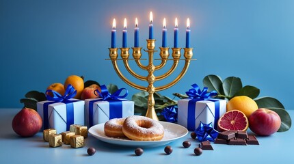 Festive Hanukkah Menorah and Gifts with Blue Candles.