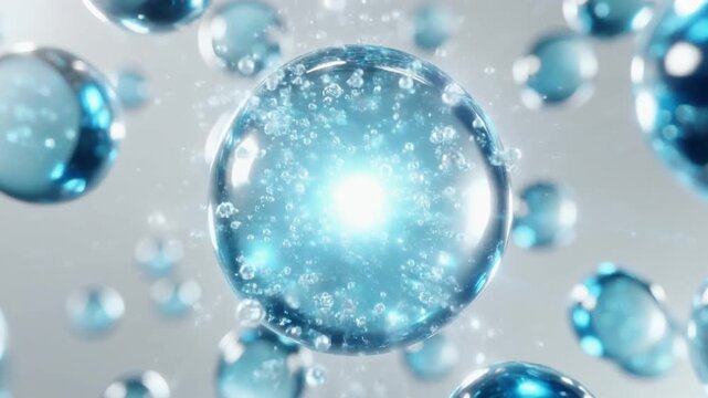 青い美容成分の透明バブル分子アートアニメーション 3Dレンダリング マクロ映像　美容科学 ジェネレーティブAI