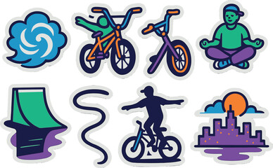 Fototapeta premium Colorful urban adventure stickers featuring bmx stunts and cityscape