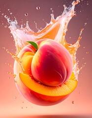 Vibrant Peach with Water Splash, Leaf, and Droplets Against Pink Background