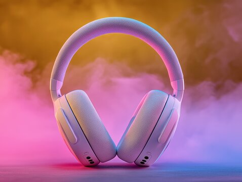 Experience immersive audio with these modern white headphones set against a vibrant, colorful backdrop perfect for music lovers and gaming enthusiasts