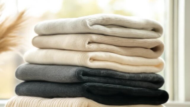 Neatly folded warm cozy knitwear stack neutral colors