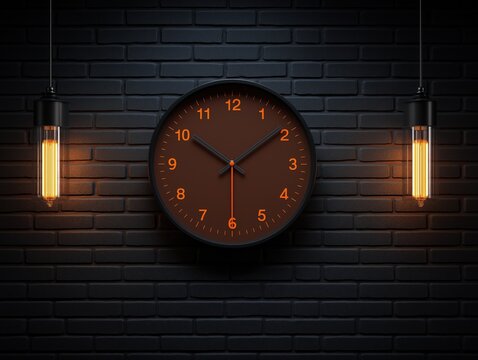 Modern time concept with a stylish clock and vintage lightbulbs on a dark brick wall, creating a warm, inviting atmosphere with elegant design