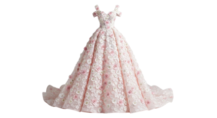 Luxurious pink floral ball gown wedding dress for high-end fashion and bridal concepts isolated PNG with Transparent Background