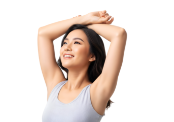 Beautiful Young Asian woman lifting hands up to show off clean and hygienic armpits or underarms on transparent background