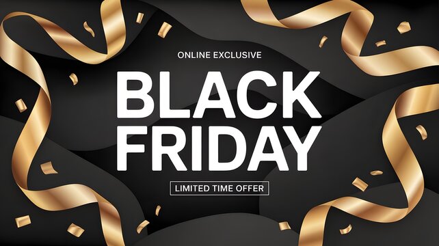 Elegant black friday sale announcement with gold ribbons and confetti