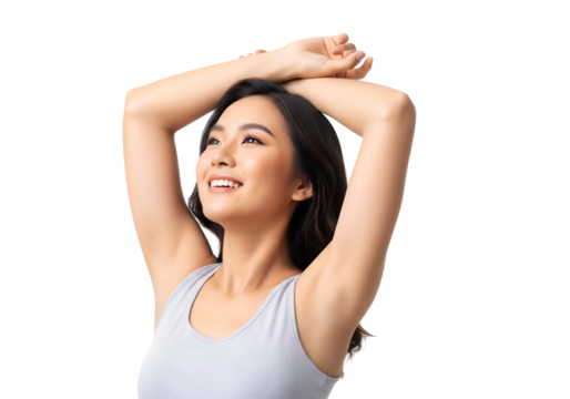 Beautiful Young Asian woman lifting hands up to show off clean and hygienic armpits or underarms on transparent background