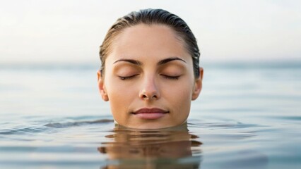 A serene woman with closed eyes emerges from calm water, embodying tranquility and relaxation.