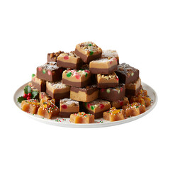 Stacked Christmas Fudge Assortment with Layered Chocolate, Peanut Butter, and Holiday Candy Toppings isolated on a transparent background 