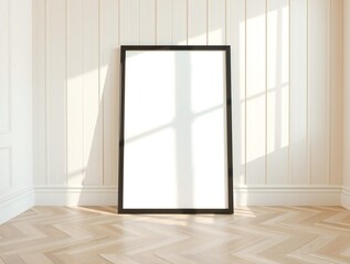 Fototapeta premium Empty black frame leaning against a wood paneled wall with sunlight shadows