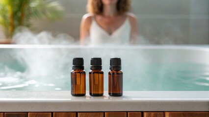 Relaxing spa scene featuring essential oil bottles in front of a steaming hot tub with a serene background.