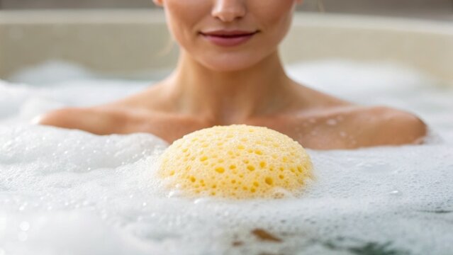A woman enjoys a relaxing bath, holding a natural sponge amidst bubbles in a serene setting.