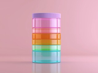 Vibrant stack of colorful translucent containers for cosmetics or food against a soft pink background creating a modern, eye-catching product display