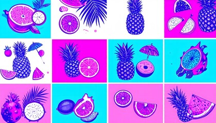 Vibrant Pop Art Collage of Tropical Fruits in Bold Pink and Blue Hues