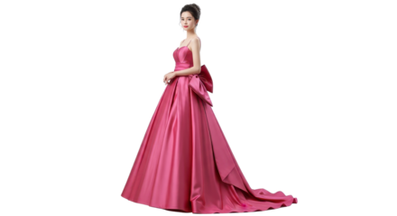 Beautiful Asian woman wearing a luxurious magenta pink wedding or evening ballgown dress isolated PNG with Transparent Background