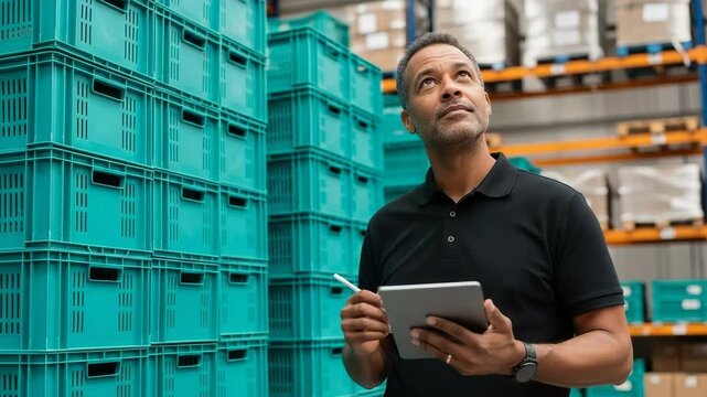 Middle aged warehouse manager or logistics worker using a digital tablet while looking up at stacked storage crates in a distribution center