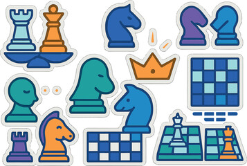 Colorful chess icons: strategy and tactics in modern flat design stickers