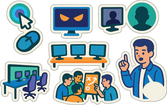 Cyber security icons with computer network and team collaboration elements