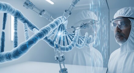 A scientist in a cleanroom suit observes a holographic DNA double helix in a high-tech laboratory, representing genetic research and biotechnology.