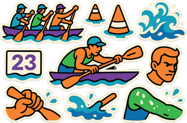 Canoeing and water sports stickers featuring athletes, paddles, and waves in bold colors