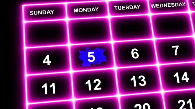 Neon Line Day 5th reminder on calendar with red circle mark or paint stain/ Ink bloom on date in work planning. Highlighting date number 5 on a calendar, symbolizing an important day or reminder.
