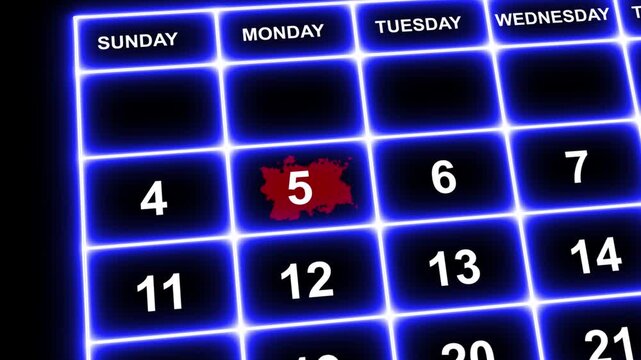 Neon Line Day 5th reminder on calendar with red circle mark or paint stain/ Ink bloom on date in work planning. Highlighting date number 5 on a calendar, symbolizing an important day or reminder.