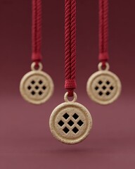 Cascading ancient gold coins with intricate square designs hang from vibrant red cords in artistic display. Chinese New Year, Lunar New Year's Day