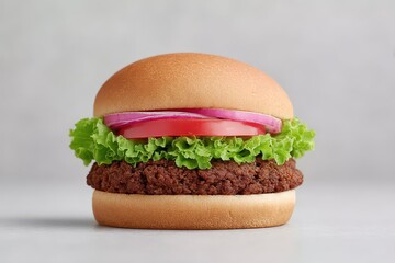 Delicious vegan burger close-up with fresh lettuce and ripe tomato ready to satisfy taste buds. Veganuary Day