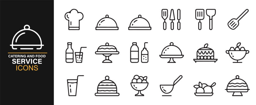 Clean linear catering icons featuring serving trays, bowls, and utensils