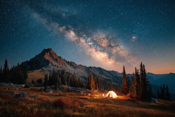 Fototapeta premium Camping Under a Starry Milky Way Over Rugged Mountains With a Glowing Tent