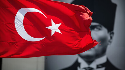 Turkish flag waving with a portrait in the background for 10 Kasım  
