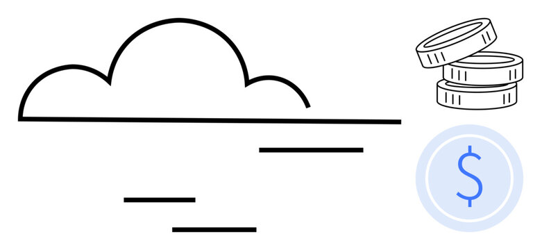 Cloud outline, stacked coins, and currency icon suggesting financial growth, technology, and investment. Ideal for finance, technology, innovation, digital currency cloud services fintech savings