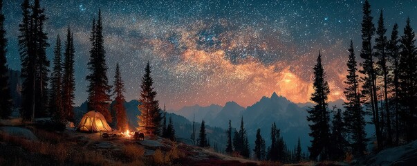Starry night campsite in the mountains with a glowing tent and campfire under the stars