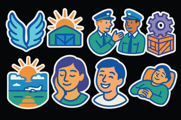 Colorful aviation stickers featuring pilots, airplanes, and sun
