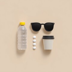 Items laid out on a flat surface illustrating the recovery process from a night of indulgence featuring drink, shades, and water. National Hangover Day,  Bloody Mary Day