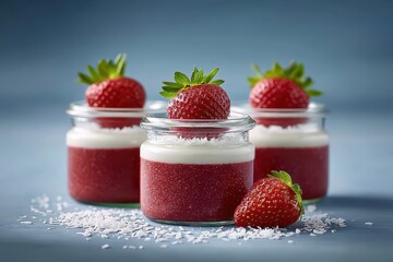 Delightful layers of red berry chia pudding garnished with fresh strawberries and coconut flakes. Veganuary Day