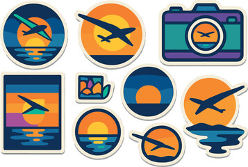 Vibrant travel stickers with airplane and sunset themes