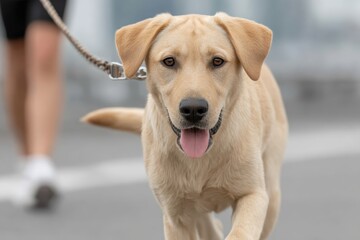 Man jogs energetically with his happy dog along a bustling city street during a sunny day. National Train Your Dog Month