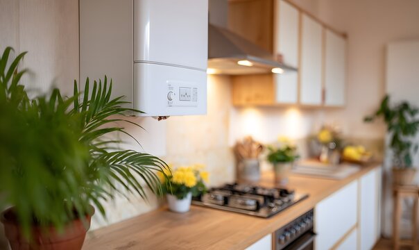 Modern boiler in a warm country kitchen